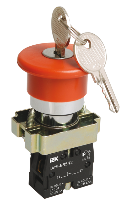Кнопка "Грибок" с ключом красный LAY5-BS142 d22mm 240V ИЭК