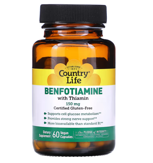 Country Life, Бенфотиамин, с коферментом B1, 150 мг, 60 растительных капсул - фото 1 - id-p101193624