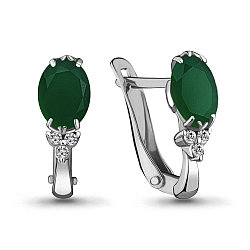 Серьги серебряные классические, Агат зеленый, Фианит Aquamarine 4414009А.5 покрыто  родием