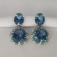 Серьги длинные из серебра, Нанотурмалин, Наноизумруд, Фианит AQUAMARINE 4703688Г.5 покрыто родием коллекц.