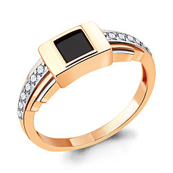 Мужское серебряное кольцо, печатка, Фианит, Фианит черный Aquamarine 68737АЧ.6 позолота