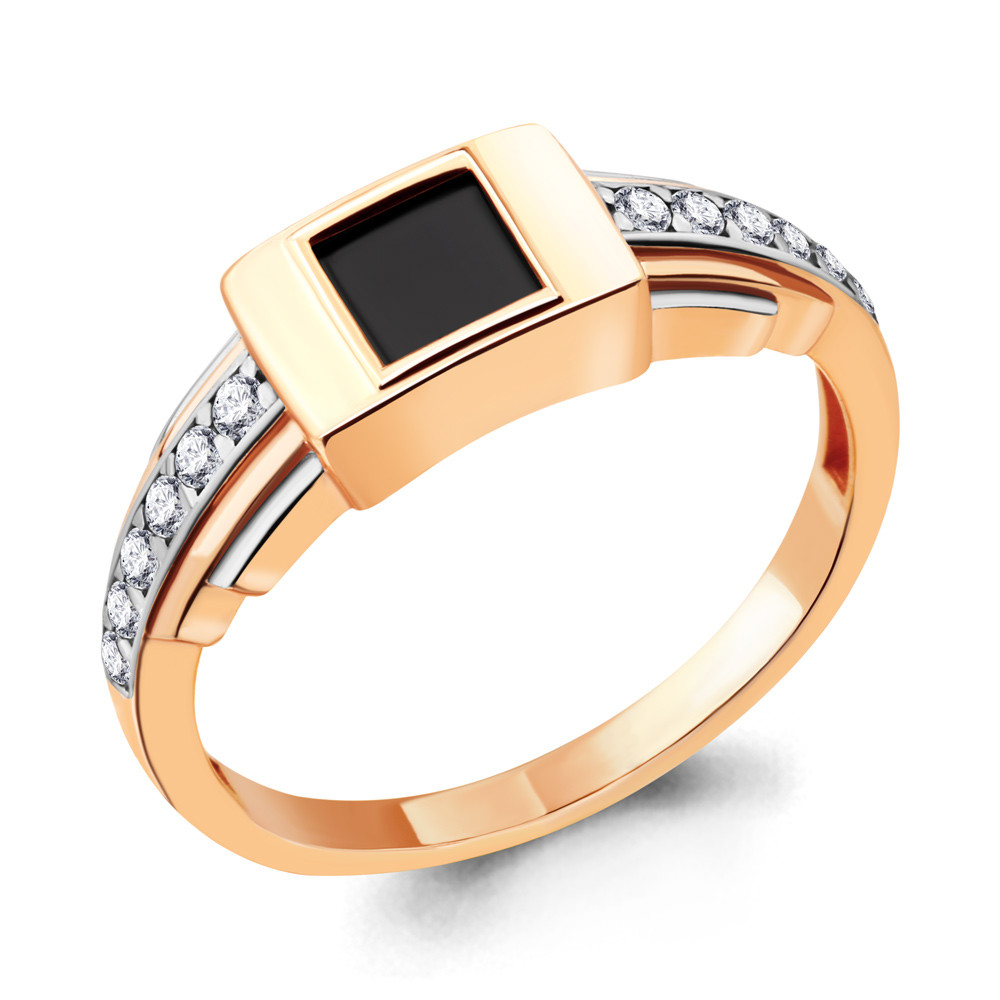 Мужское серебряное кольцо, печатка Фианит Фианит черный Aquamarine 68737АЧ.6 позолота - фото 1 - id-p101277521