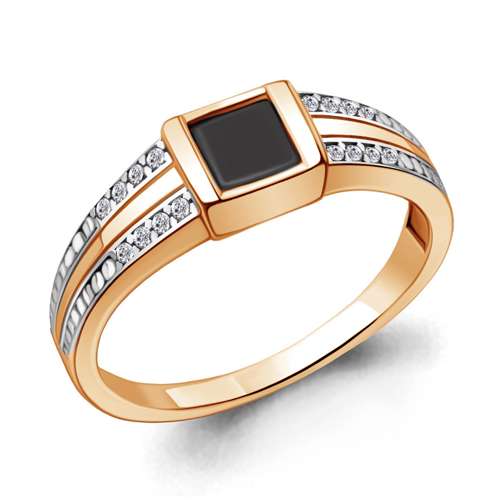 Мужское серебряное кольцо, печатка  Фианит  Фианит черный Aquamarine 68726АЧ.6 позолота