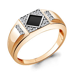 Мужское серебряное кольцо, печатка, Фианит, Фианит черный Aquamarine 68722АЧ.6 позолота