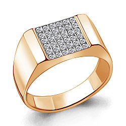 Мужское серебряное кольцо, печатка, Фианит Aquamarine 62144А.6 позолота