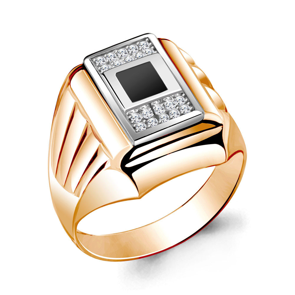 Мужское серебряное кольцо, печатка, Фианит, Фианит черный Aquamarine 62115Ч.6 позолота - фото 1 - id-p101277535