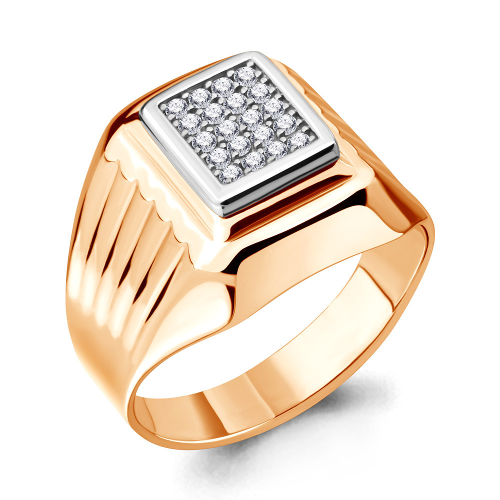 Мужское серебряное кольцо, печатка, Фианит Aquamarine 62082А.6 позолота - фото 1 - id-p101277599