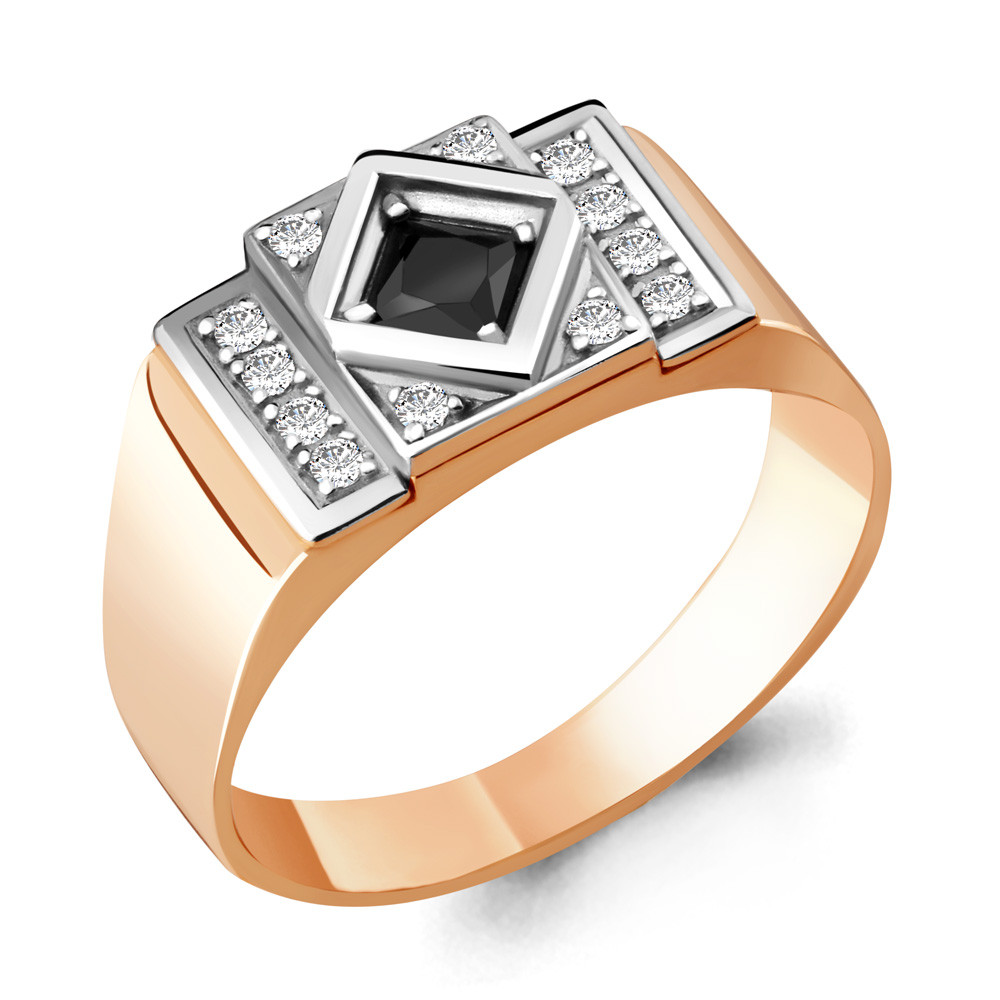 Мужское серебряное кольцо, печатка, Фианит, Фианит черный Aquamarine 62056Ч.6 позолота - фото 1 - id-p101277601