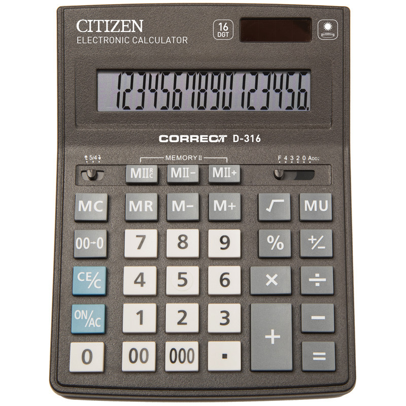 Калькулятор настольный Correct D 16 разрядов, двойное питание, 155*205*28 мм, черный