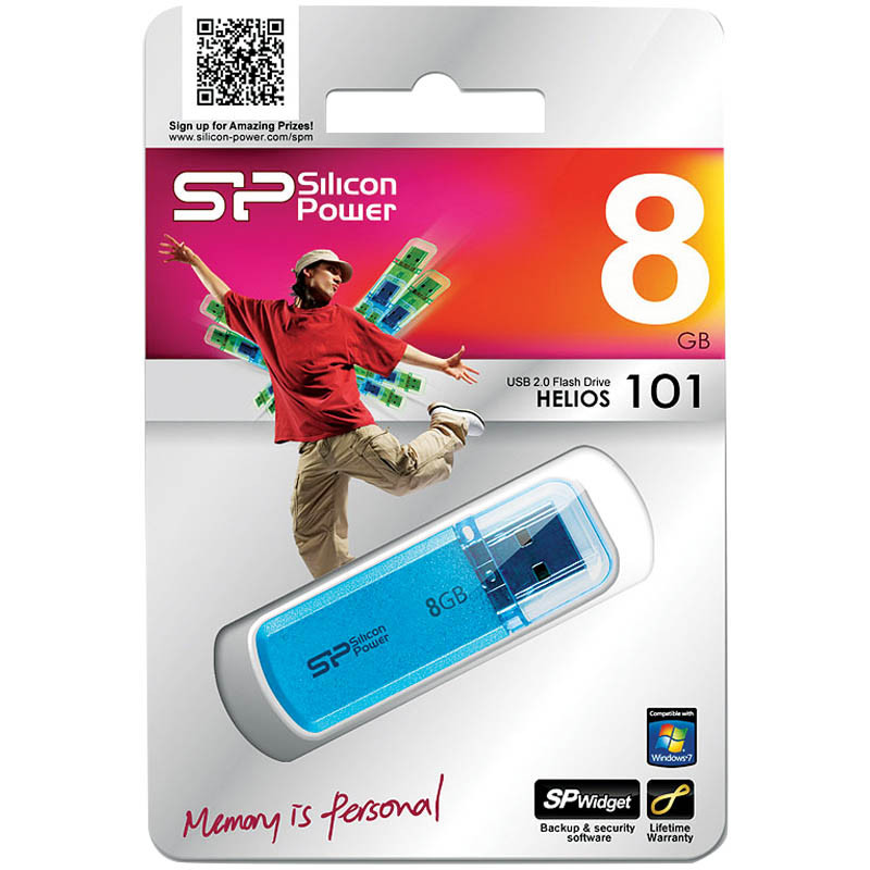 Память SiliconPower USB Flash   8GB USB2.0 Helios 101 голубой (металл.корпус)