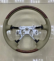Руль коричневое дерево на Nissan Patrol Y61 c гладкой бежевой кожей 2005-09