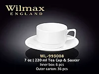 Чашка чайная + блюдце "Wilmax", 220 мл, фарфор, белая