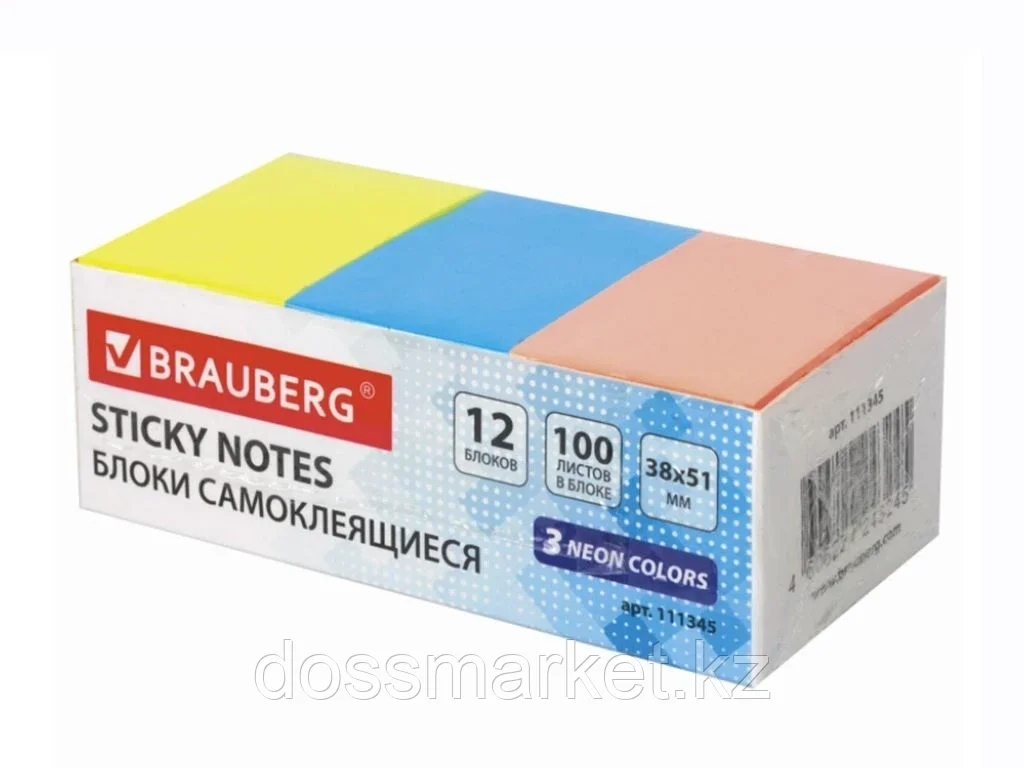 Клейкие листки Brauberg 38 х 51 мм ассорти, 100 листов