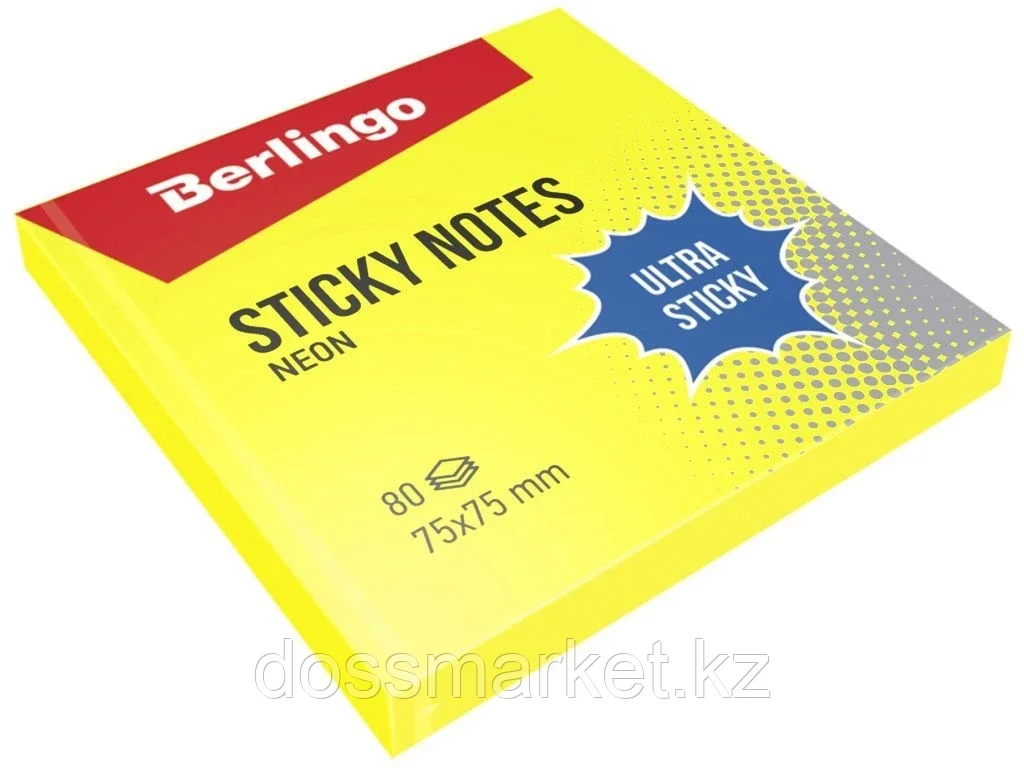 Клейкие листки BERLINGO "Ultra Sticky" 75х75 мм, желтый неон, 80 листов - фото 1 - id-p101460550