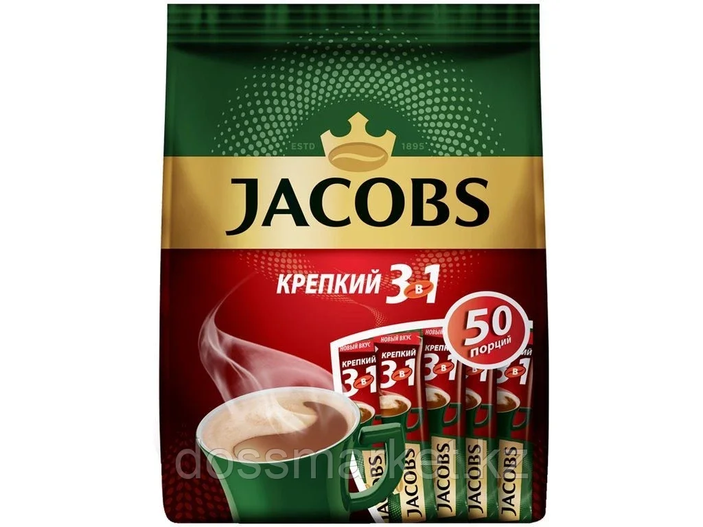 Кофе растворимый Jacobs "Крепкий", 3 в 1, 50 пакетиков - фото 1 - id-p101460455