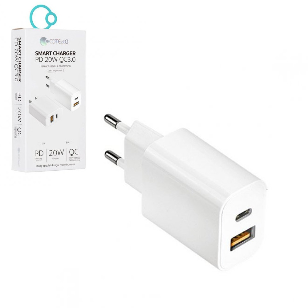 Сетевое зарядное устройство Coteetci (CS8870-U), PD20W, QC3.0, USB-A, Type-C, White
