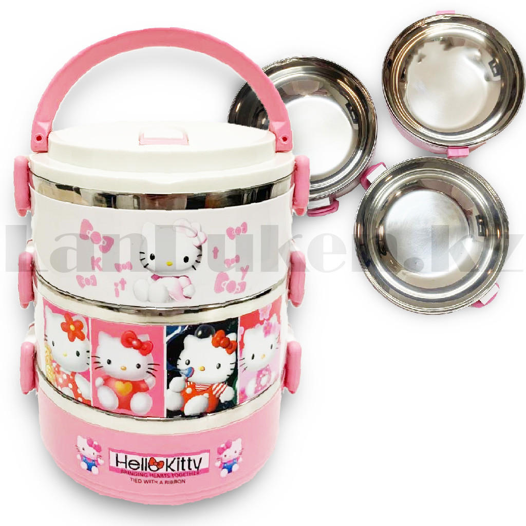 Ланч бокс 3 в 1 вакуумный 1,4 л с прорезиненными крышками Lunch Box Hello Kitty розовый - фото 1 - id-p101647213