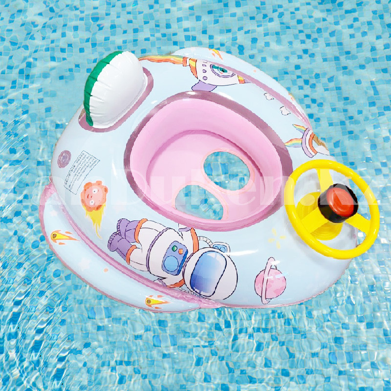 Гелевый надувной детский плавательный круг лодка астронавт с рулем розовая, фото 1