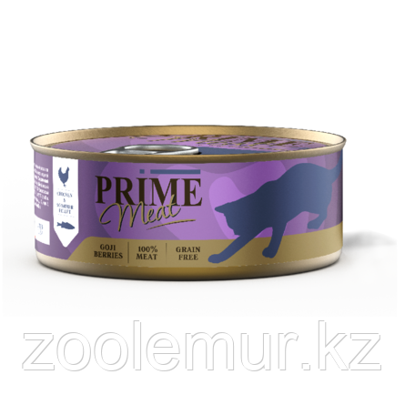 Консервы PRIME MEAT CAT GRAIN FREE беззерновые для взрослых кошек с курицей и скумбрией в желе (100 гр)