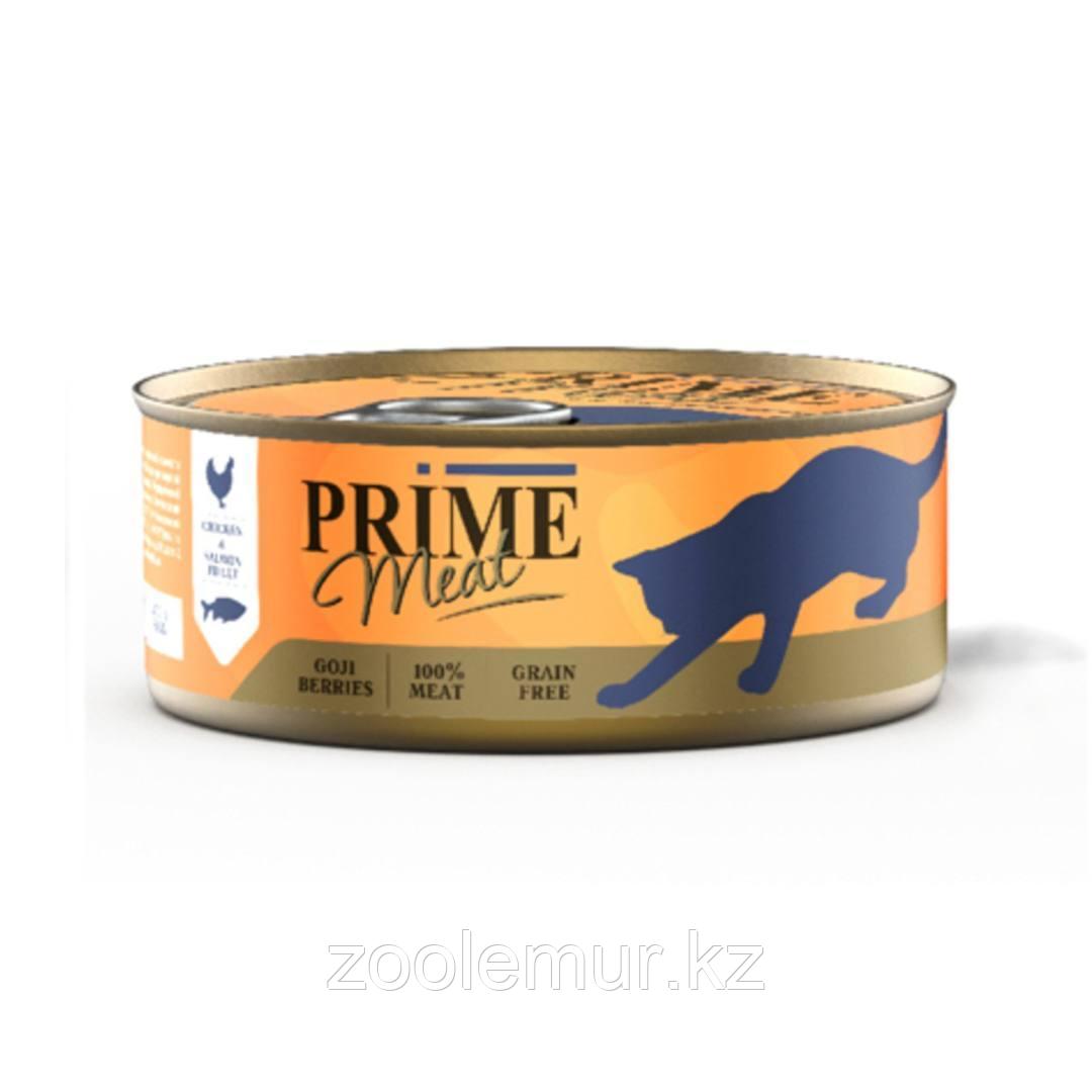 Консервы PRIME MEAT CAT GRAIN FREE беззерновые для взрослых кошек с курицей и лососем в желе (100 гр)