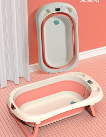 Детская ванночка складная термометром и матрасиком розовый