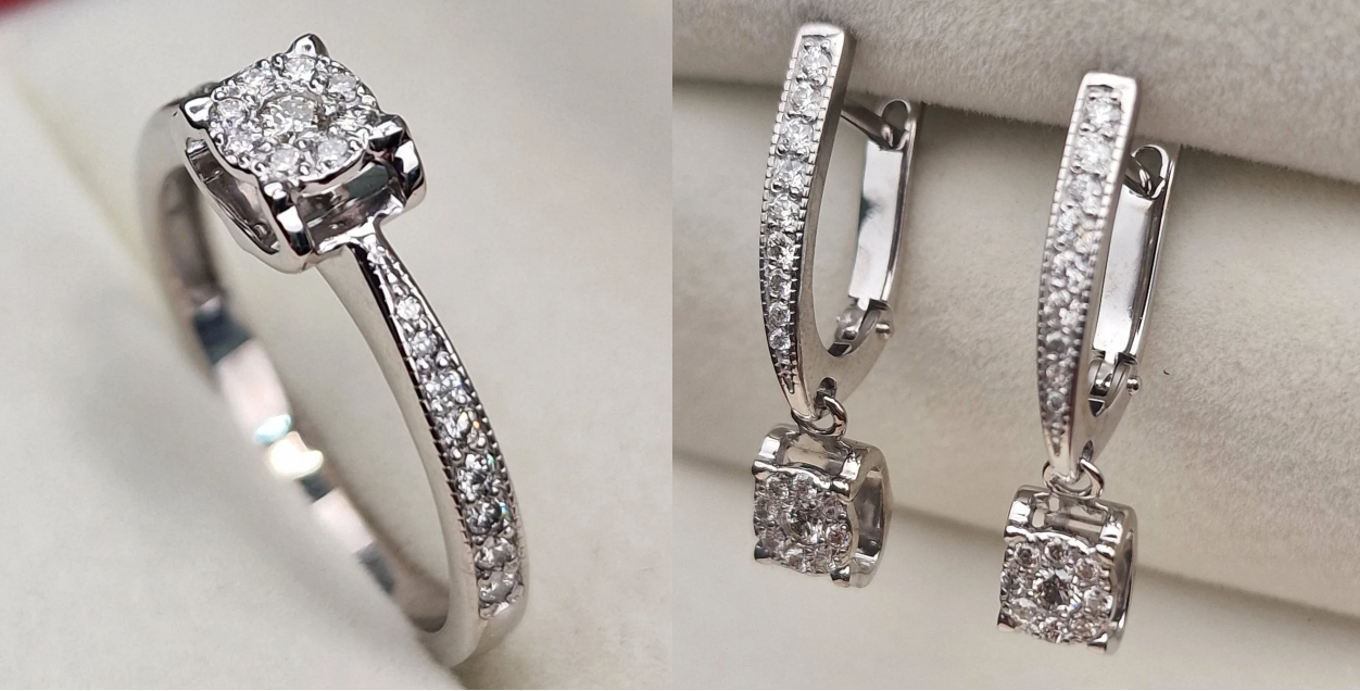 Золотой набор с бриллиантами кольцо 0.30Сt VS2/G, EX - Cut, серьги 0.44Ct VS2/G, VG-Cut