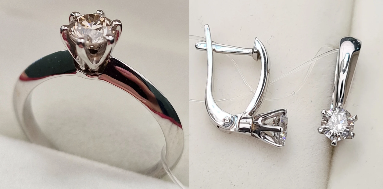 Золотой набор с бриллиантами (кольцо 0.47Сt VS1/L VG-Cut , серьги 0.60Ct I1/M, EX-Cut )