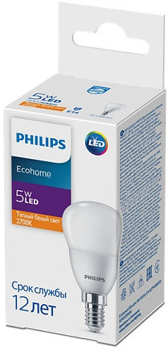 Лампа PHILLIPS  EcohomeLED Lustre 5W 500lm E14 827 P45