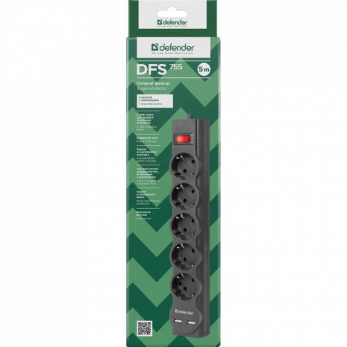 Defender DFS 755 - 5,0 М, 5 розеток распределитель питания (DFS 755) - фото 5 - id-p85320774