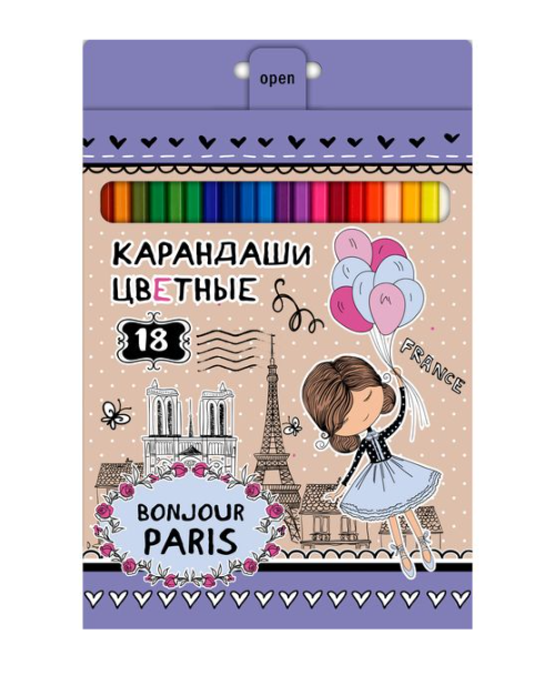 Карандаши "Hatber VK", 18 цветов, серия "Bonjour Paris", в картонной упаковке