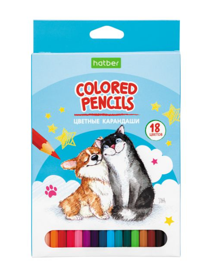 Карандаши "Hatber Eco", 18 цветов, серия "Pets Story", в картонной упаковке