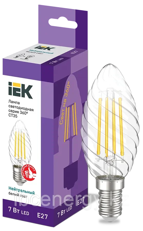 Лампа светодиодная CT35 свеча витая прозрачная 7Вт 230В 4000К E27 серия 360° IEK - фото 1 - id-p102199892