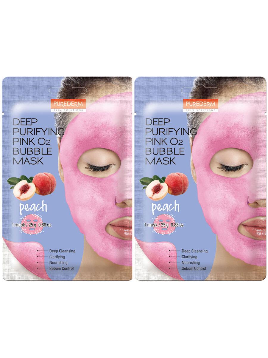Purederm Кислородная маска с экстрактом персика Deep Purifying Pink O2 Bubble Mask Peach, 2шт*20 г