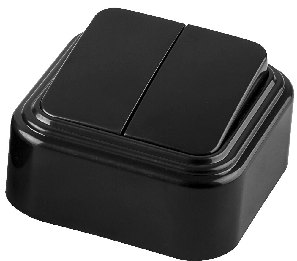 Выключатель STEKKER PSW06-22-20 двухклавишный открытой установки, 250В, 6А, IP20, черный  (VA5  6-232-Ч), фото 1