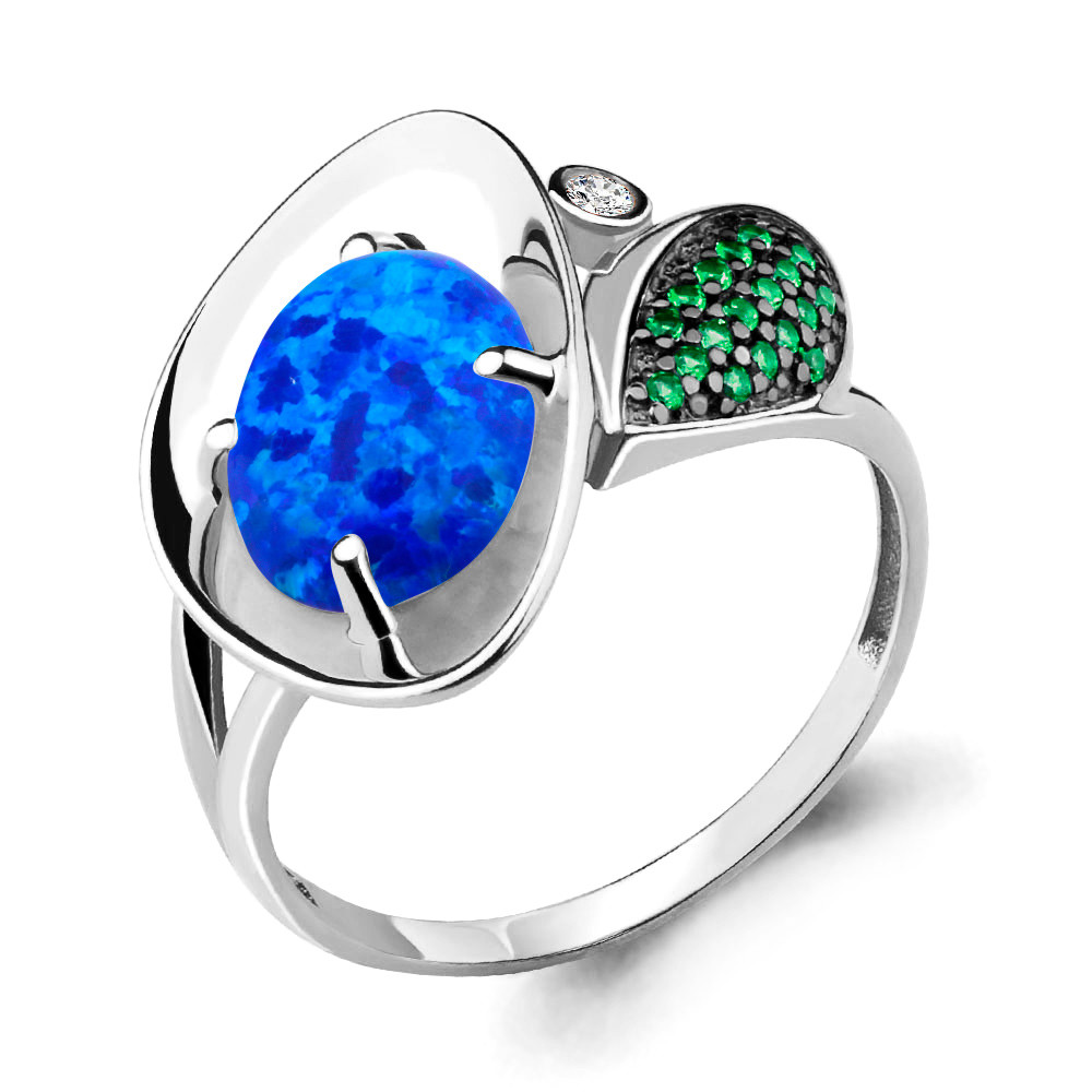 Серебряное кольцо Опал сапфировый Наноизумруд Фианит Aquamarine 6599395Г.5 покрыто родием коллекц. Флёр - фото 1 - id-p56037511