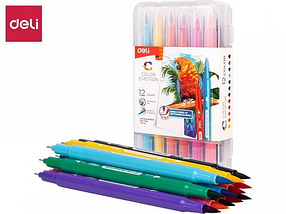 Фломастеры Deli "Color Emotion", 12 цветов, двусторонние, пластиковая упаковка