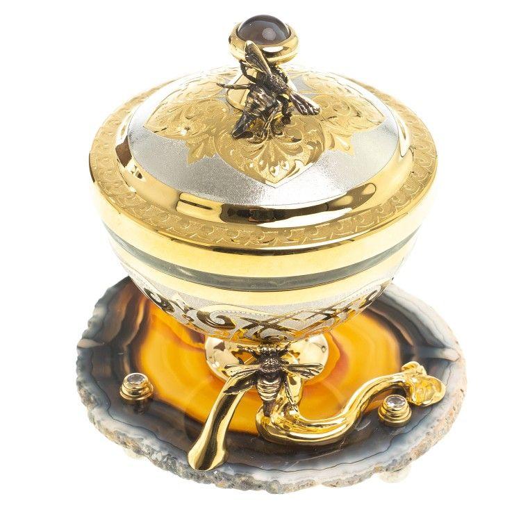 Эксклюзивная медовница "Пчелки" камень агат в подарочной упаковке Златоуст / посуда для меда / банка для меда - фото 8 - id-p97347234