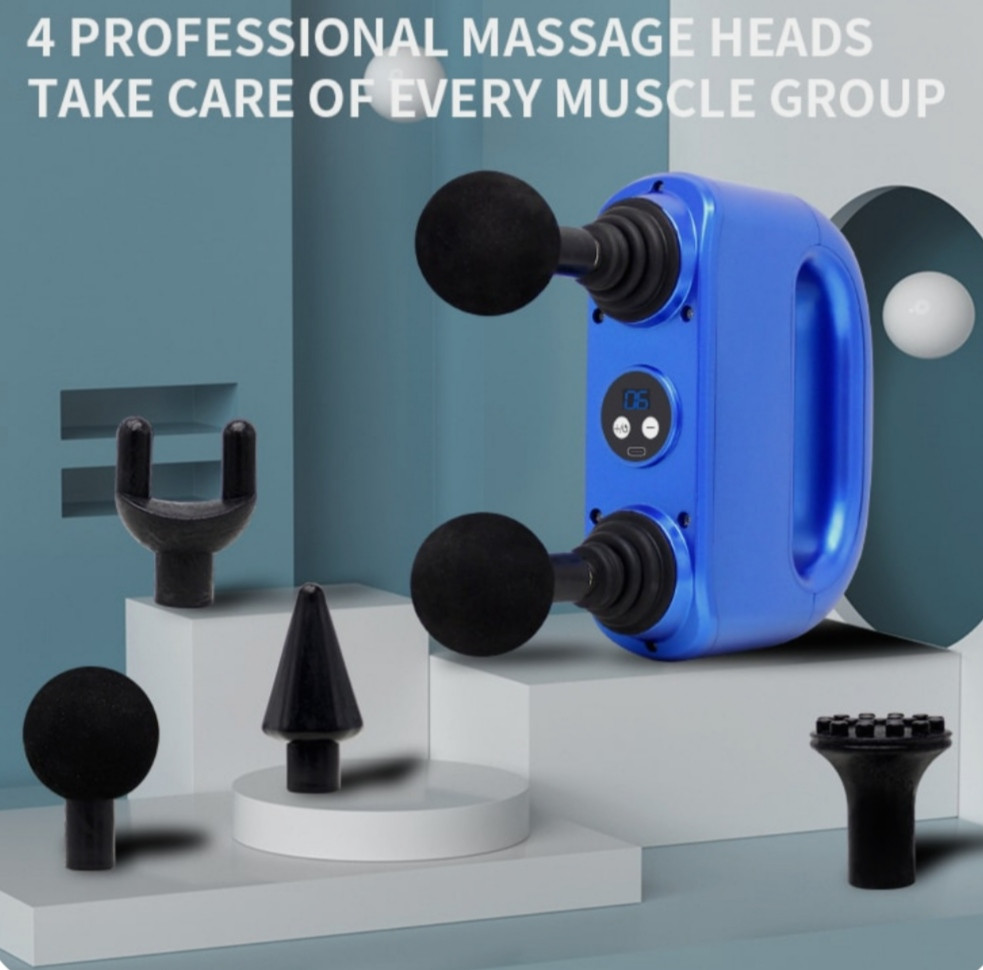 Ударный массажер Double Head Massage Gun массажный пистолет c 4 насадками - фото 5 - id-p102371396
