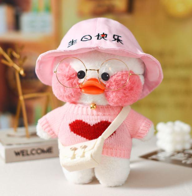 Мягкая игрушка Утка Лалафанфан (Lalafanfan Duck) розовая кофта, сумочка, розовая шапочка - фото 1 - id-p102393150
