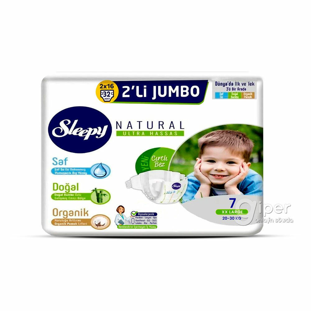 ПОДГУЗНИКИ ДЕТСКИЕ SLEEPY NATURAL №7, XXL 20-30 КГ 32 шт