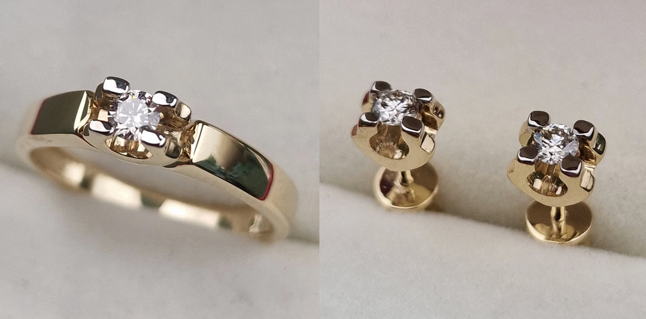 Золотой набор с бриллиантами (кольцо 0.11Сt VS1/L, VG - Cut , серьги 0.0232Ct SI1/J, VG-Cut )