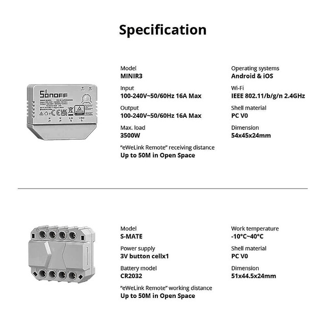 Спецификация SONOFF MINI R3 16A Smart Switch и S-MATE