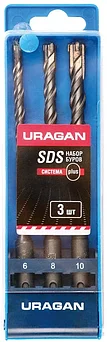 URAGAN 3 шт, 6,8,10 мм, SDS-Plus, набор буров по бетону 901-25554-H3