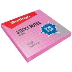 Самоклеящийся блок Berlingo "Ultra Sticky", 75*75мм, 80л, в клетку, розовый  неон