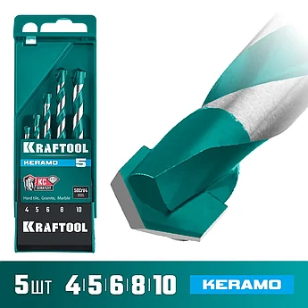 KRAFTOOL 5 шт: Ø 4-5-6-8-10 мм набор сверл по керамограниту с твердосплавной пластиной KERAMO 29175-H5