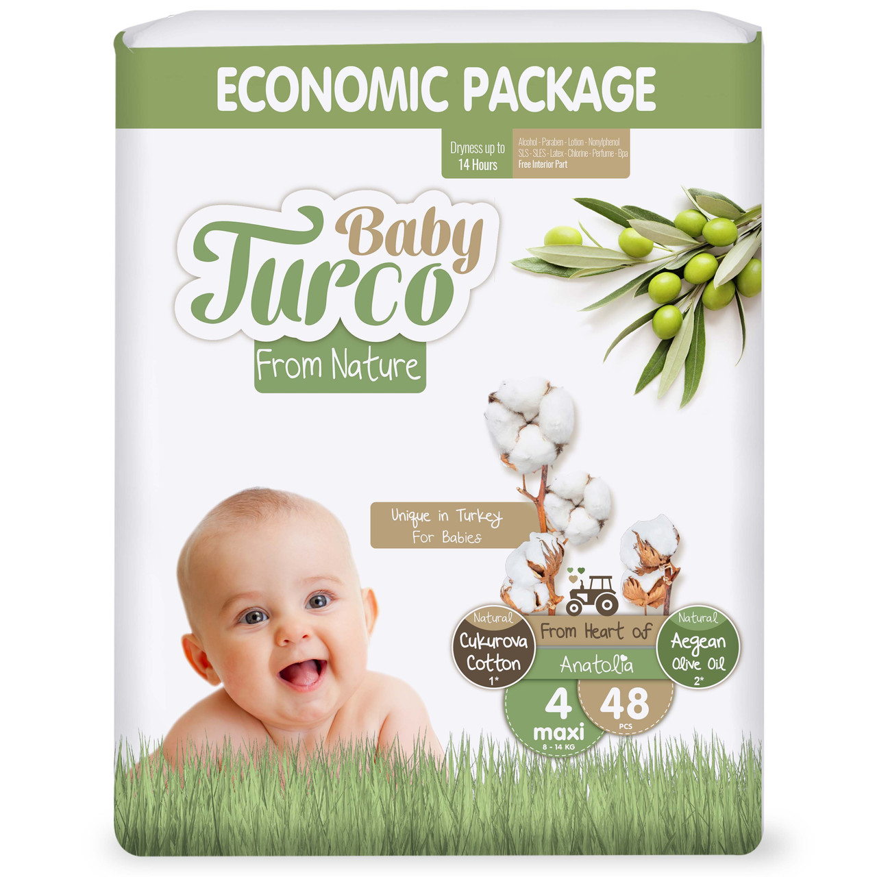 Детские подгузники BABY TURCO ECO №4 MAXI, 8-14 КГ 48шт