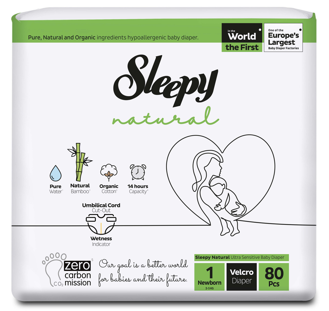 ПОДГУЗНИКИ ДЕТСКИЕ SLEEPY NATURAL №1, NEWBORN 2-5 КГ 80шт