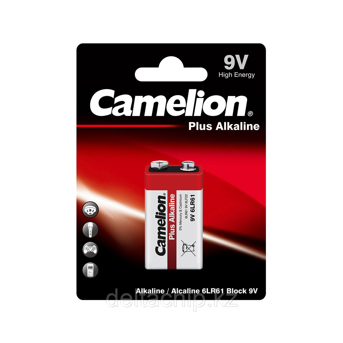 Батарейка, CAMELION, 6LR61-BP1, Plus Alkaline, 6F22(крона), 9V, 680 mAh, 1 шт., Блистер