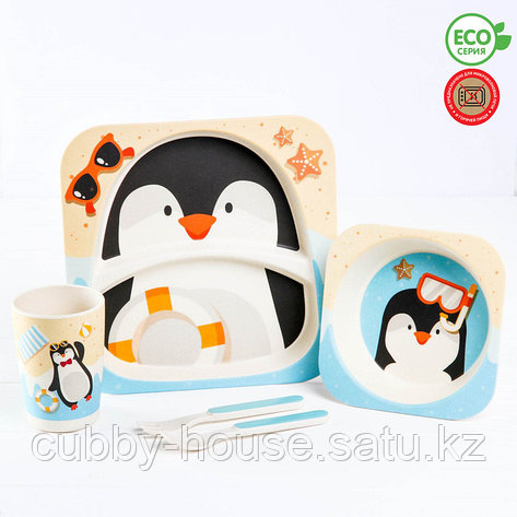 Набор детской посуды «Пингвинёнок», из бамбука, 5 предметов: тарелка, миска, стакан, столовые приборы, фото 2