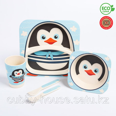 Набор детской бамбуковой посуды «Пингвинчик», тарелка, миска, стакан, приборы, 5 предметов, фото 2